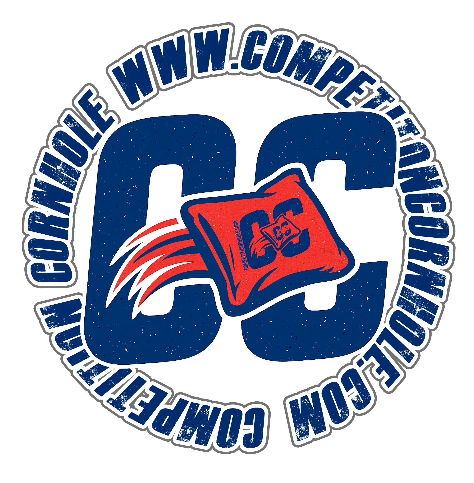 Cornhole logo with red bag and blue text on a white background