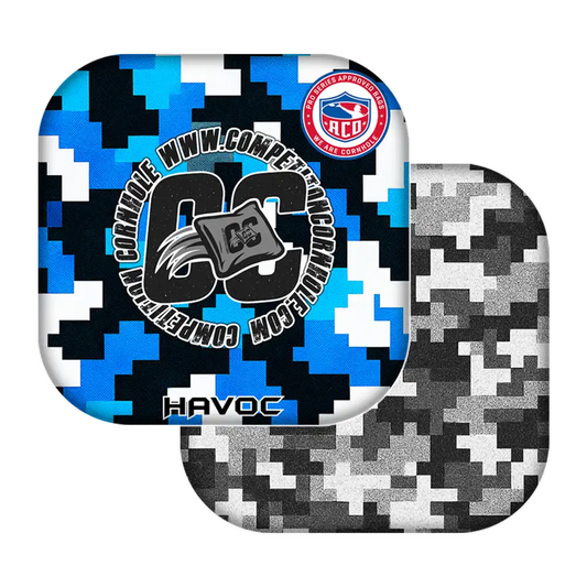 Two geometric-patterned cornhole bags with digital camouflage design on a white background