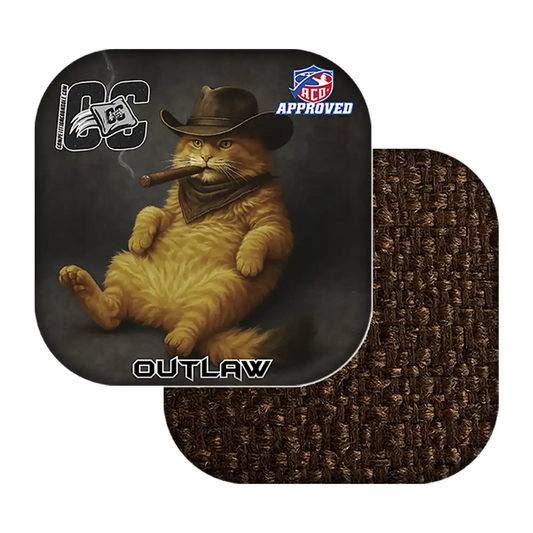 Cornhole bags with a cat wearing a cowboy hat and smoking a cigar, labeled 'Outlaw'.