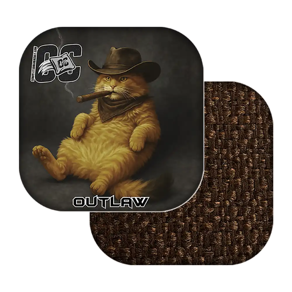 Cornhole bags with a cat dressed as an outlaw wearing a cowboy hat and smoking a cigar, with 'Outlaw' branding.