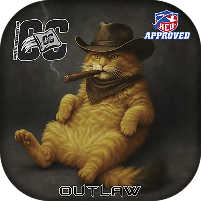 Cat in cowboy attire with a cigar, labeled 'Outlaw', on a dark background with logos.