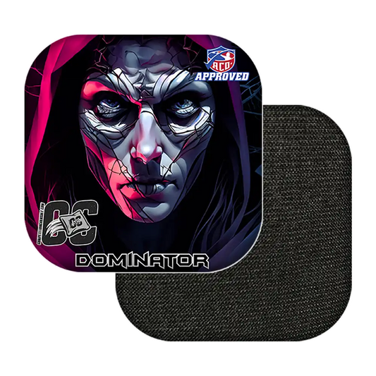 Cornhole bags with a stylized face design and 'Dominator' branding on a white background