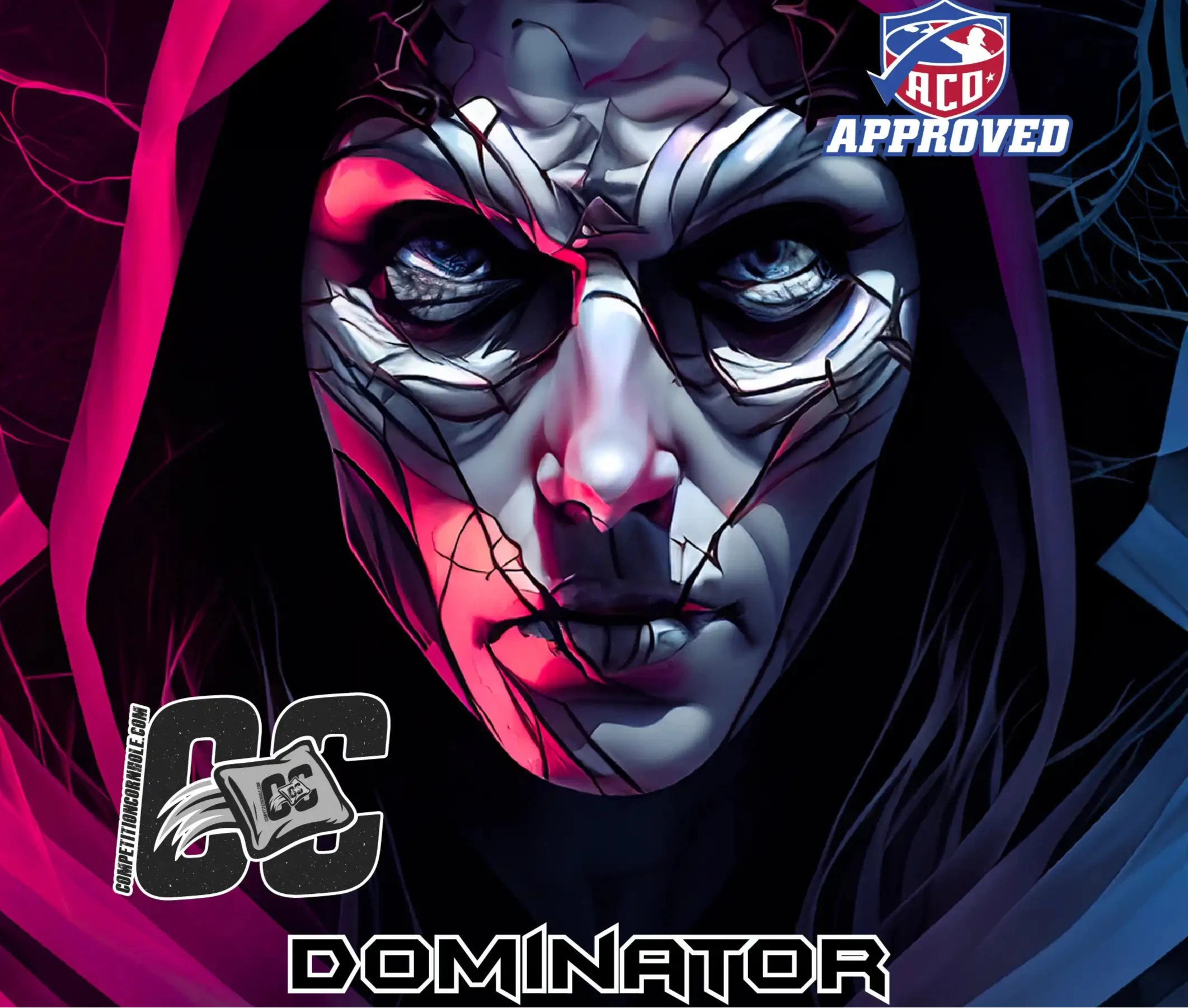 Artistic depiction of a character with a stylized face and pink hood, featuring 'ACO Approved' and 'Dominator' branding.