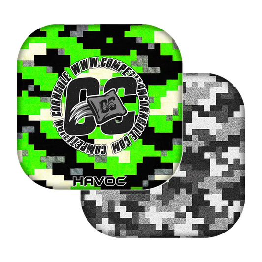 Two camouflage-patterned cornhole bags with a logo and text on a white background