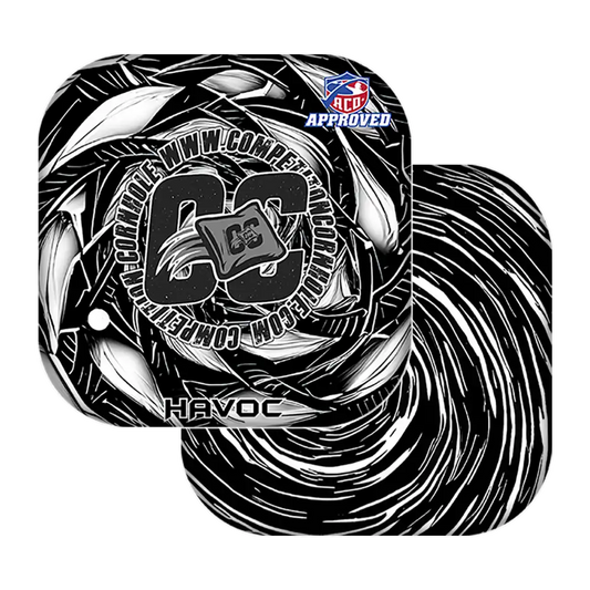 Black and white swirl design with 'DC' logo and 'Havoc' text on a white background