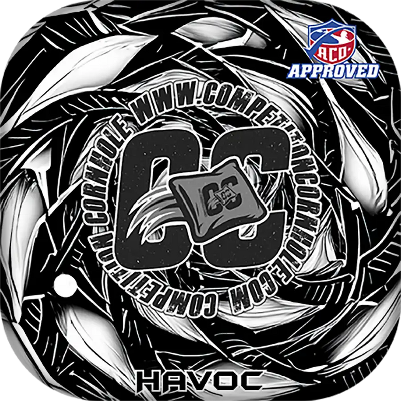 Black and white Cornhole bag with 'CC' logo and 'Havoc' text, featuring a 'GCO Approved' badge.