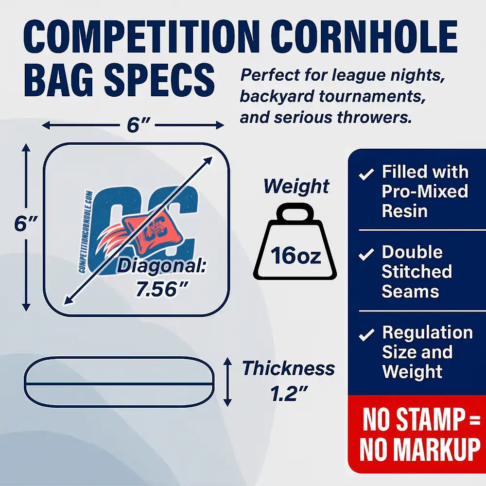 Competition cornhole bag specifications with dimensions, weight, and features listed.