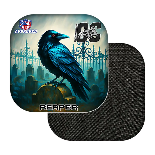 Cornhole bags with a blue raven design on a white background