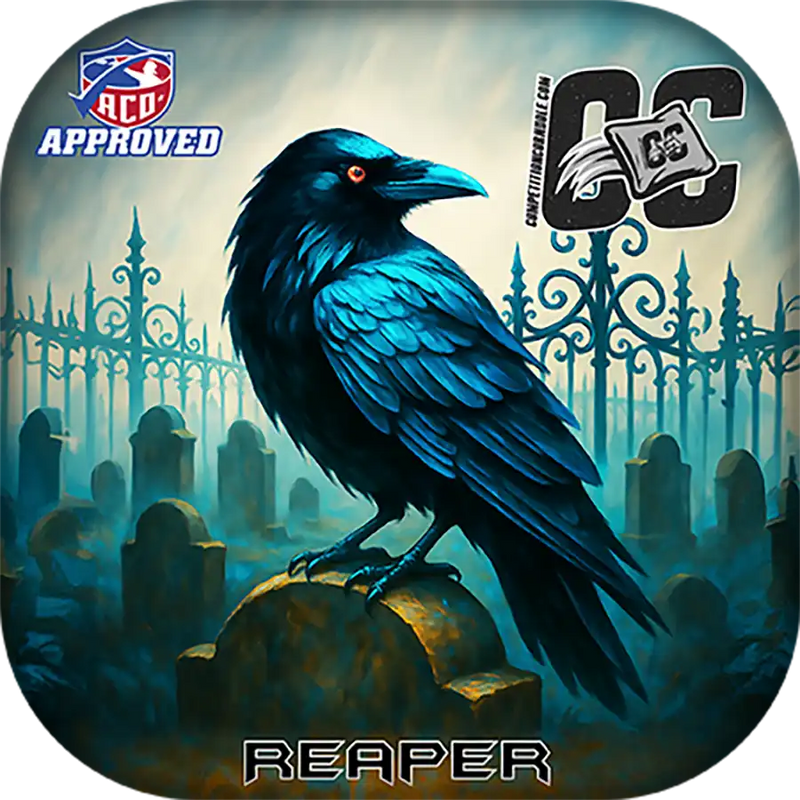 Blue raven on a gravestone with 'ACO Approved' and 'CC' logos in the corners.