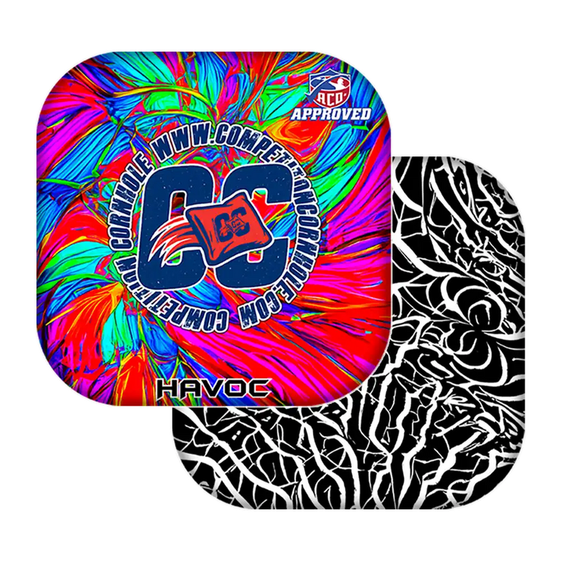 Colorful tie-dye patterned product with 'CC' logo and text on a white background