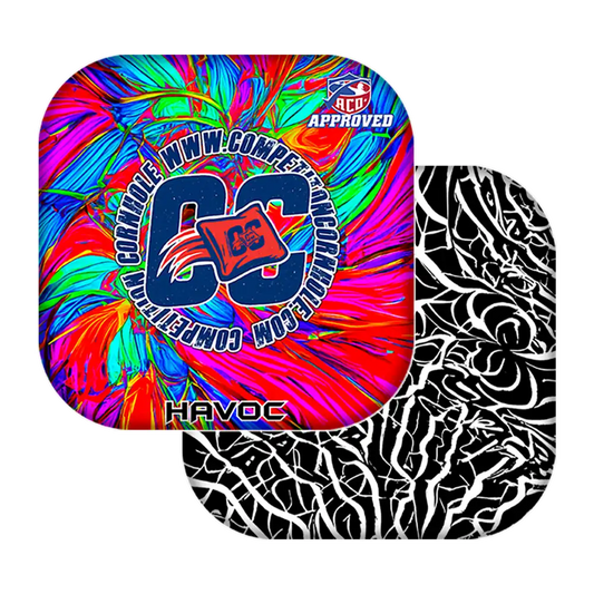 Colorful tie-dye patterned product with 'CC' logo and text on a white background
