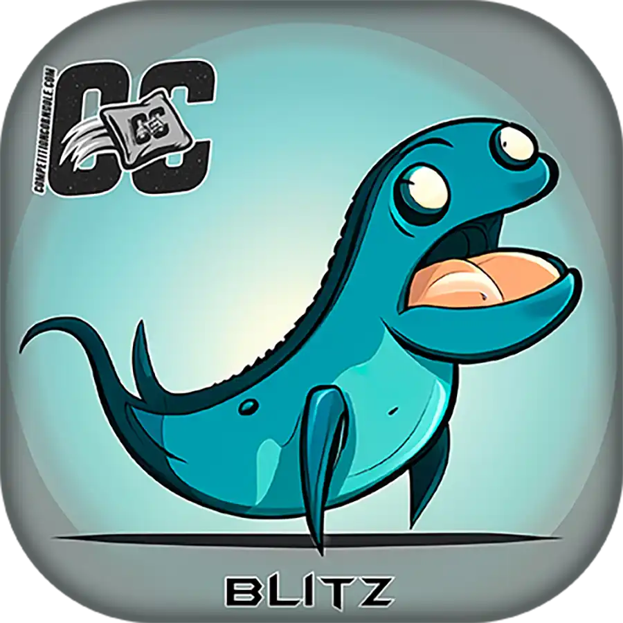 Cartoon dinosaur character named 'Blitz' on a light blue background with 'DC' logo.