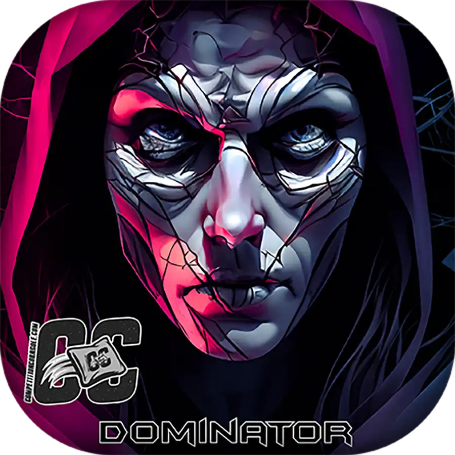 Artistic depiction of a face with red and white colors on a dark background, featuring the brand 'OC Dominator'.