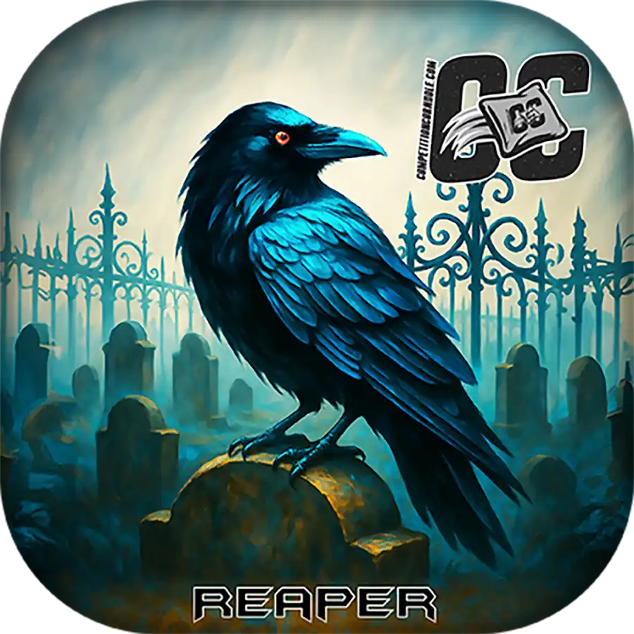 Blue raven on a gravestone with a cemetery background and 'CC' logo.