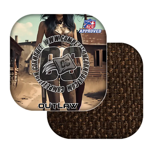 Cornhole bags with 'Outlaw' branding and textured brown surface