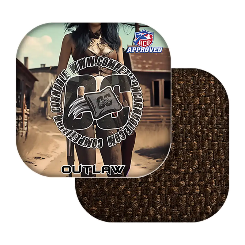 Cornhole bags with 'Outlaw' branding and textured brown surface