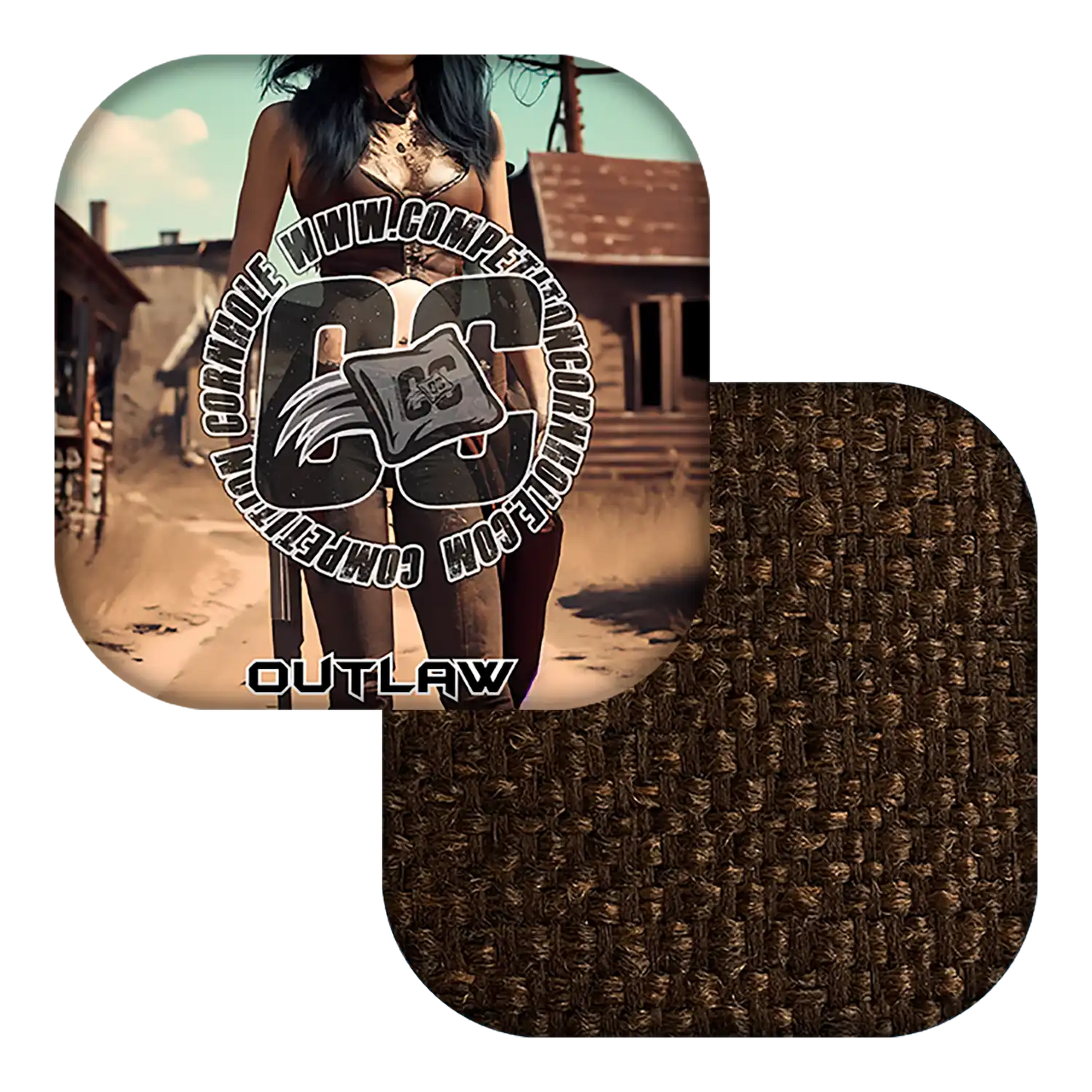 Cornhole bag with a textured brown surface and a scenic background of a woman in a desert setting.