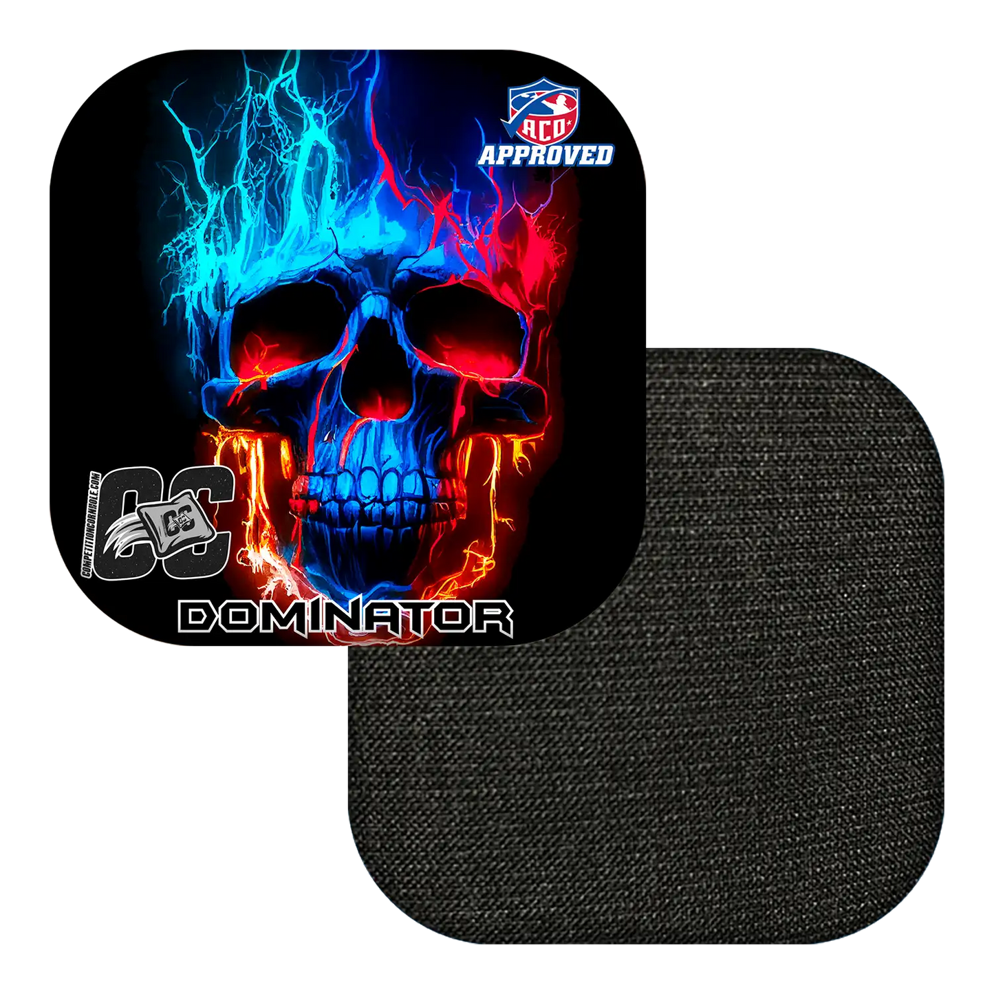 Cornhole bag with colorful skull design and 'Dominator' branding on a white background