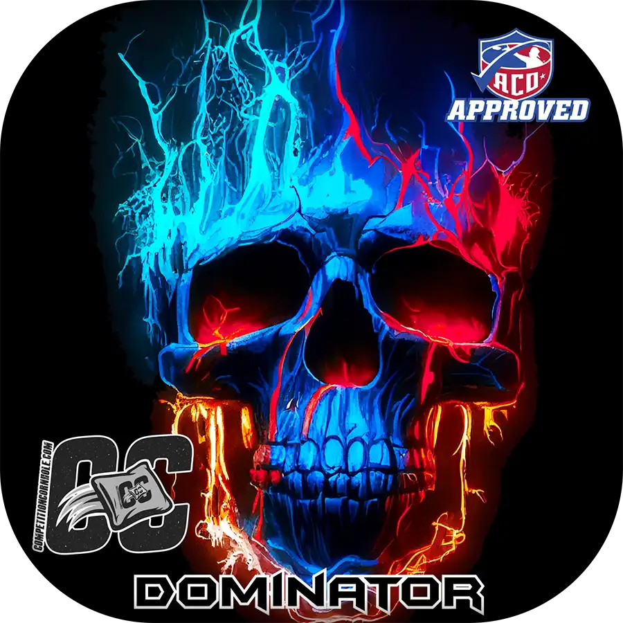 Colorful skull design with blue and red flames on a black background, featuring 'ACO Approved' and 'CC Dominator' logos.