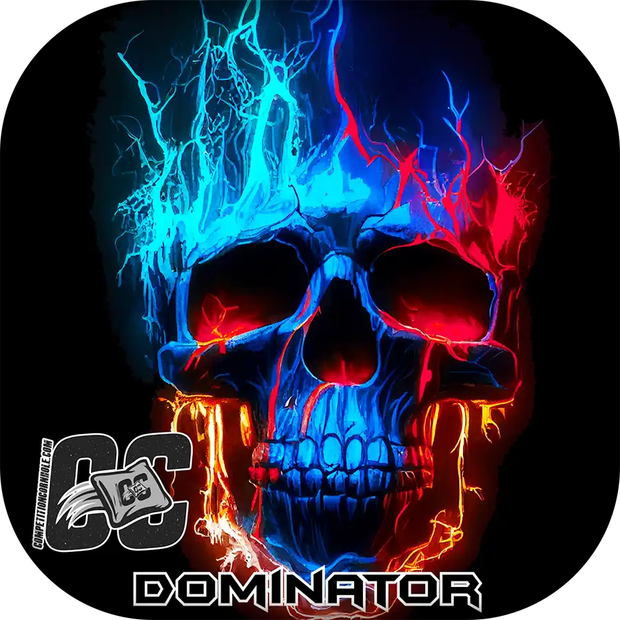 Colorful skull design with blue and red flames on a black background, featuring the brand 'CC Dominator'.