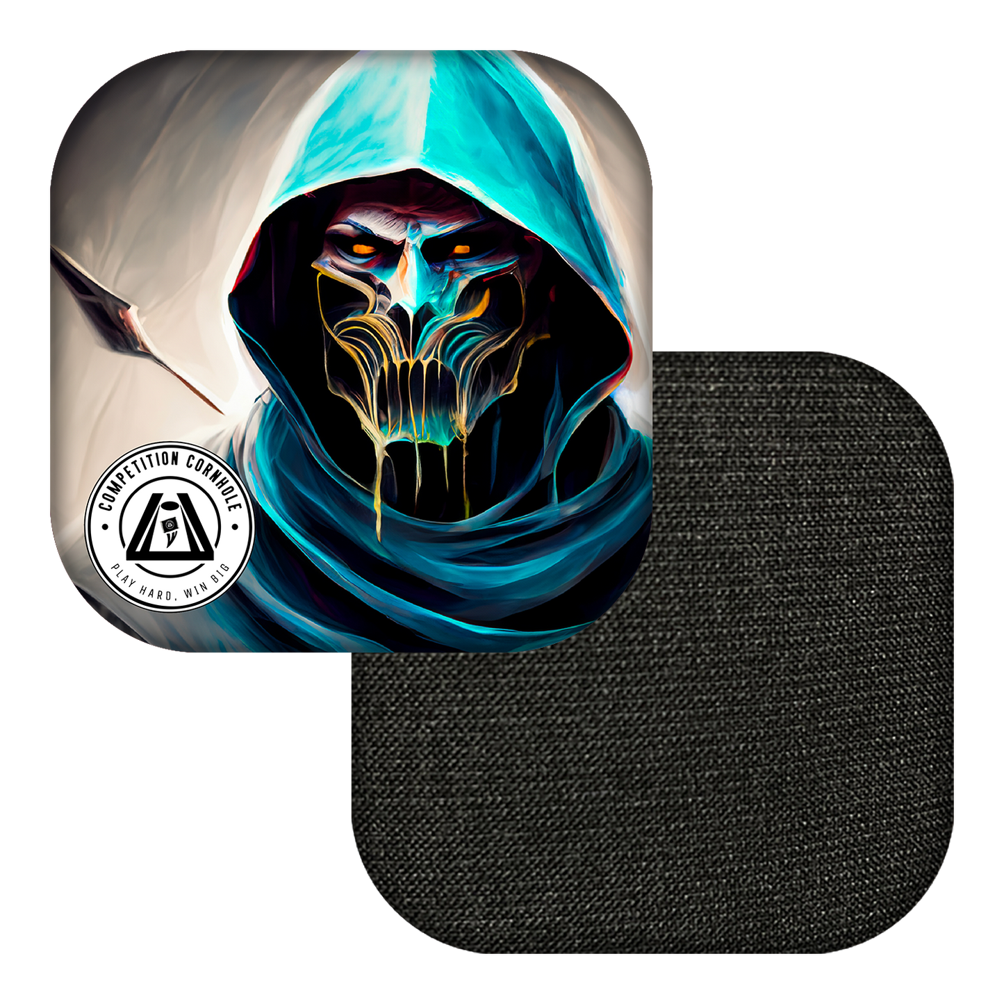 Character with blue hood and glowing face on a black square patch