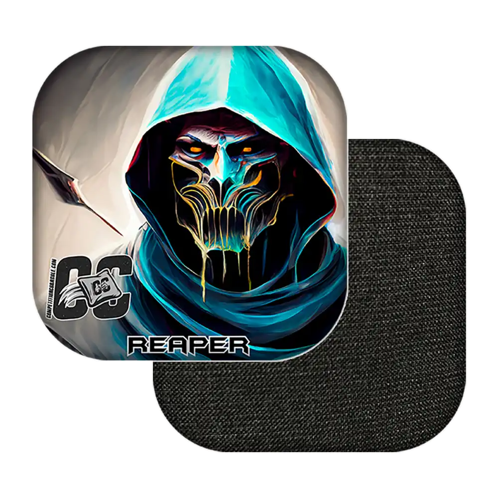 Cornhole bags with a character design and 'CC' logo on a white background