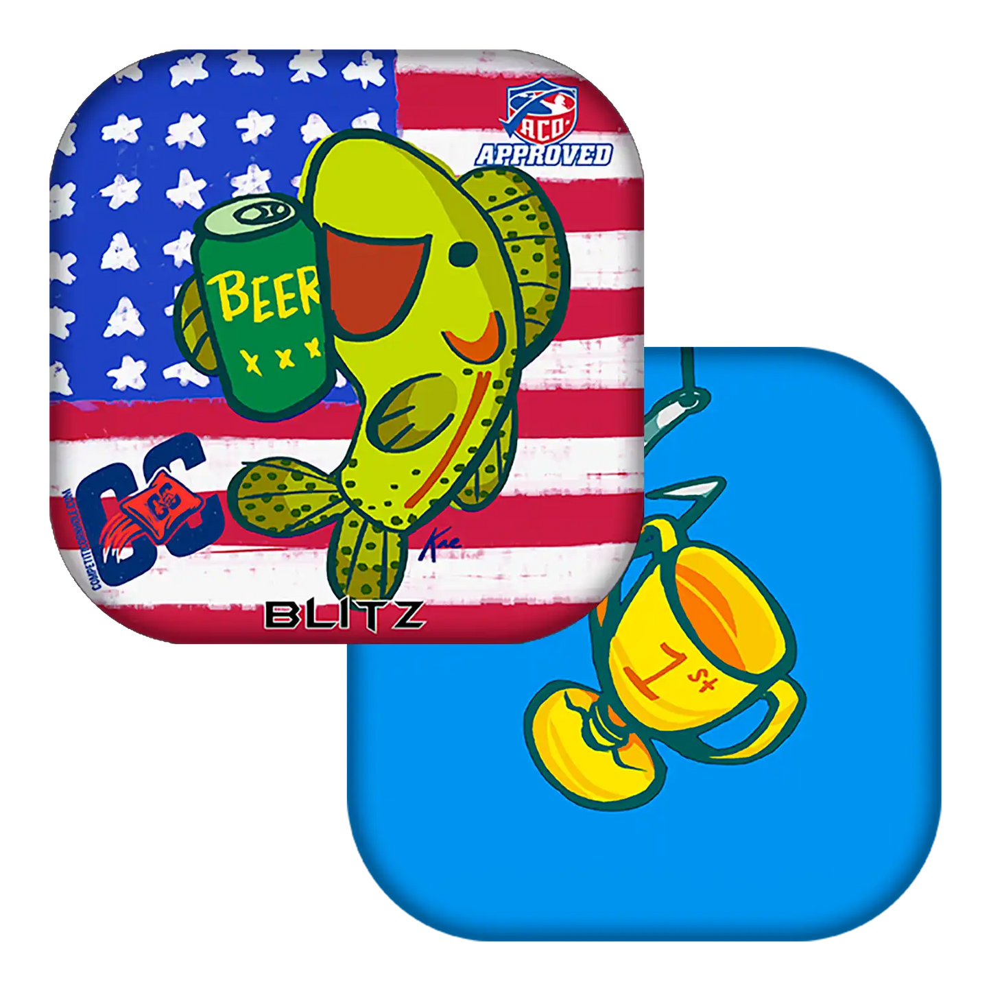 Cornhole bag with fish and beer can designs on a white background