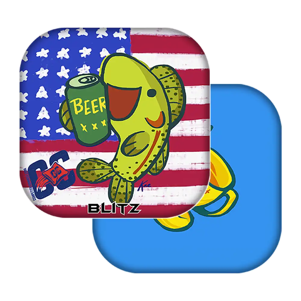 Cornhole bags with a fish design and American flag pattern on a white background