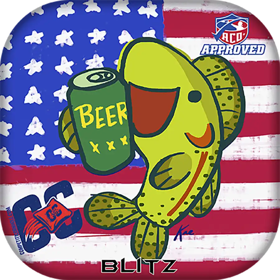 Cartoon fish holding a beer can with an American flag background and 'BLITZ' branding.