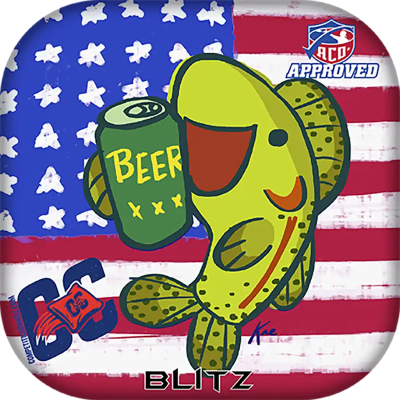 Cartoon fish holding a beer can with an American flag background and 'BLITZ' branding.
