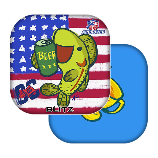 Colorful fish design with beer can on American flag background, featuring 'BLITZ' branding.