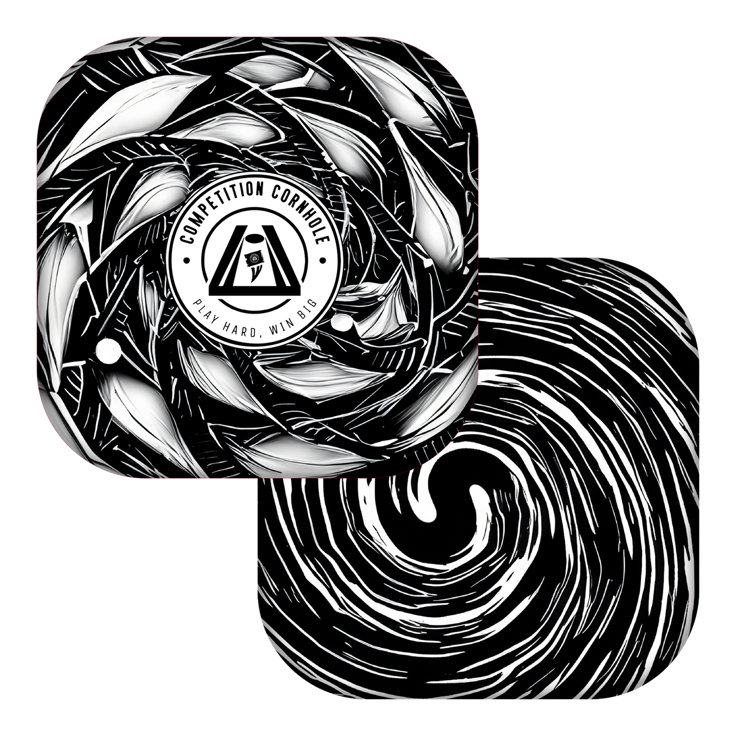 Black and white abstract design with a central logo on a white background