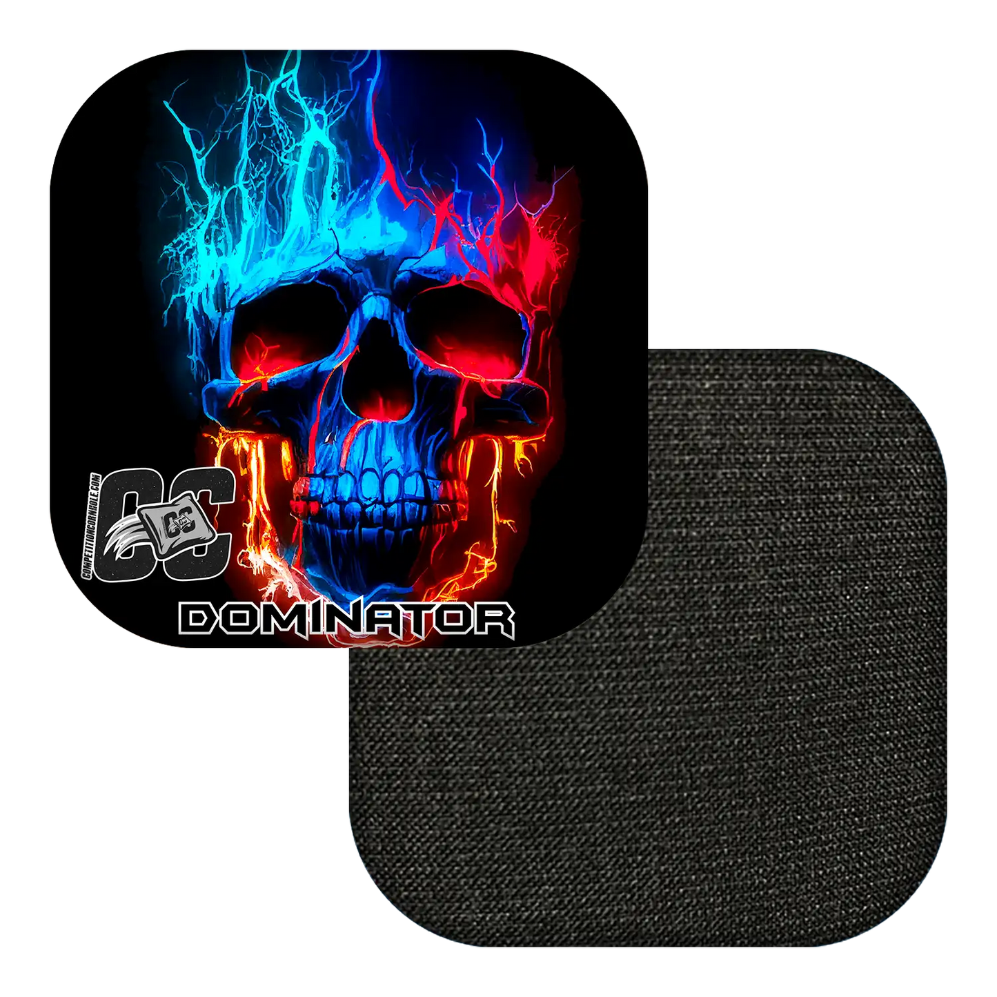 Cornhole Bag with a colorful skull design and 'Dominator' branding.