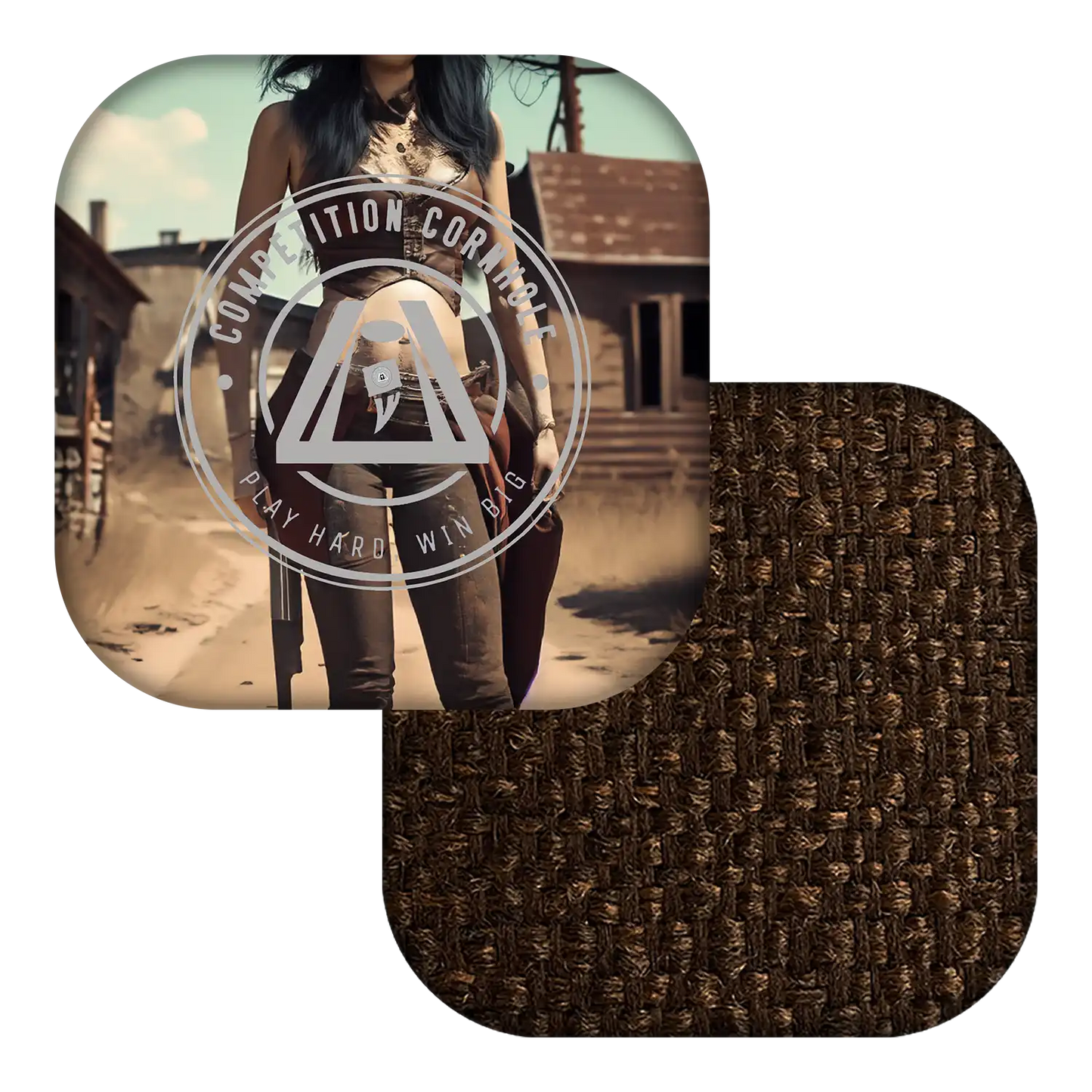 Person holding a bag with a textured brown square and logo overlay