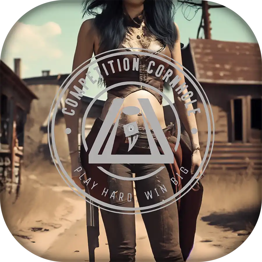 Person holding a bag in a desert-like setting with a Competition Cornhole logo overlay
