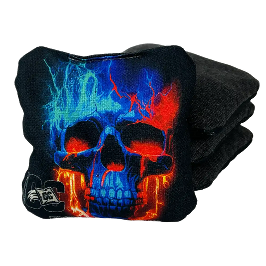 Cornhole bags with colorful skull design on a white background