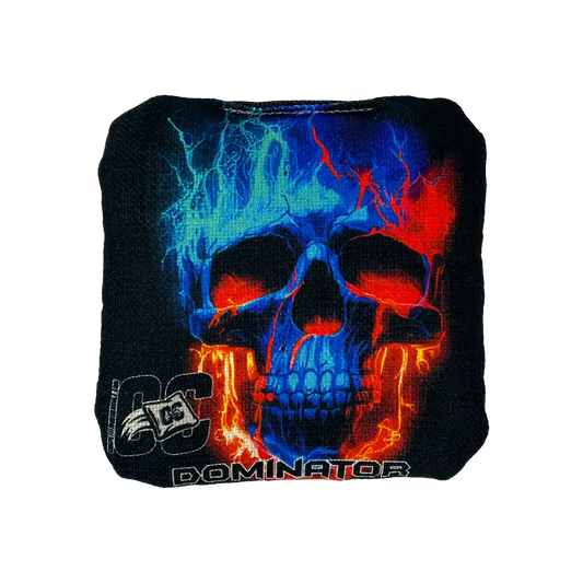 Cornhole bags with colorful skull design and 'Dominator' branding on a white background