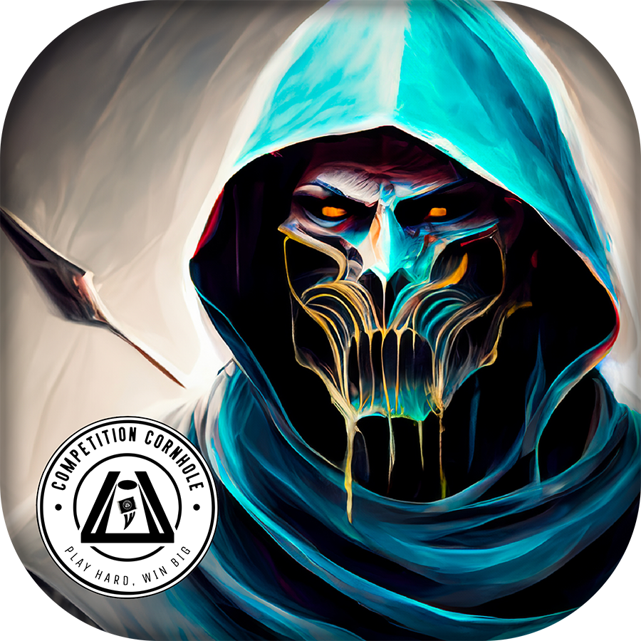 Artistic depiction of a hooded figure with glowing eyes and a stylized face, featuring the Competition Cornhole logo.
