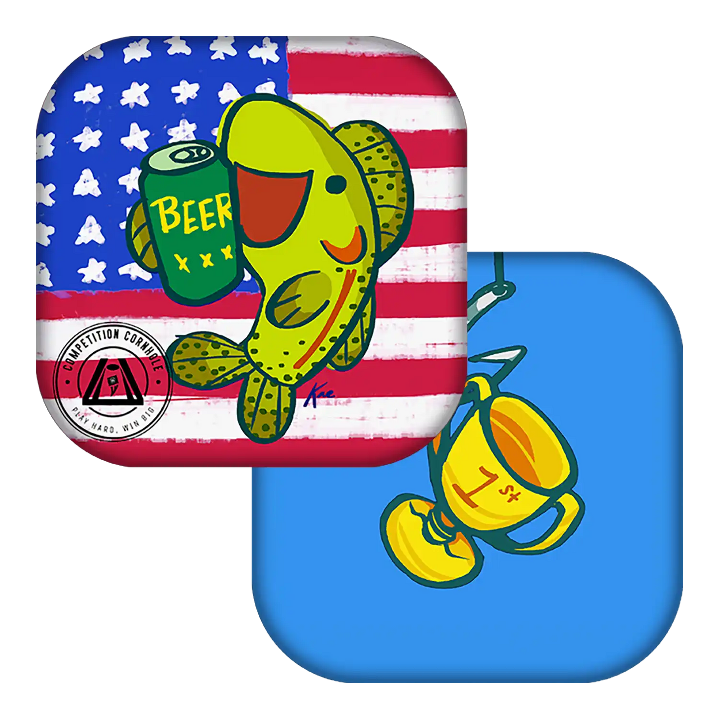 Cornhole bag with a fish and beer can design on an American flag background