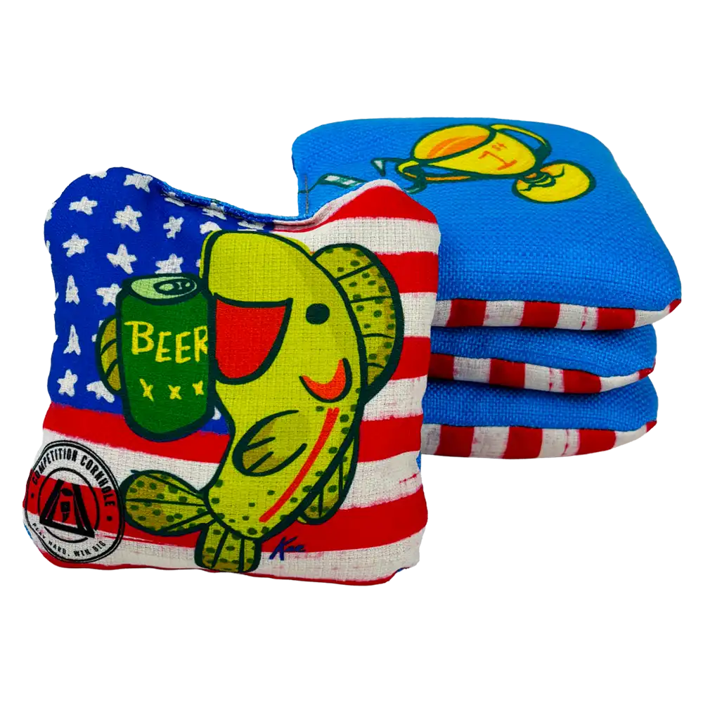 Colorful bean bags with fish and beer mug design on a white background