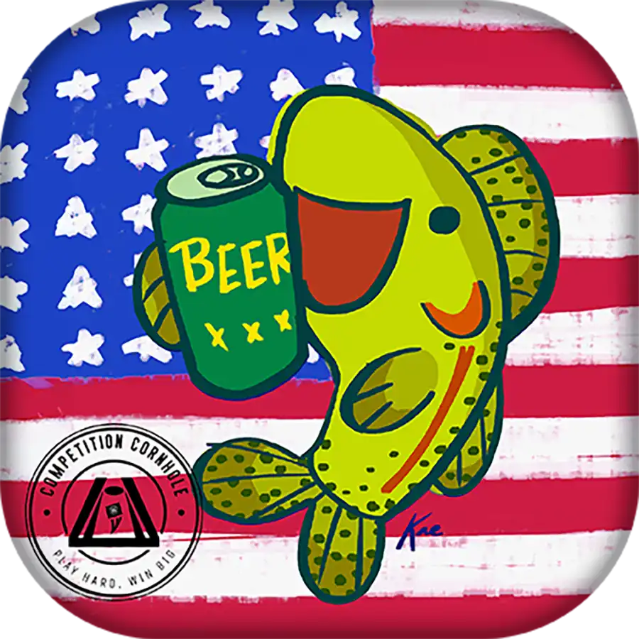 Cartoon fish holding a can of beer on an American flag background with 'Competition Cornhole' logo.