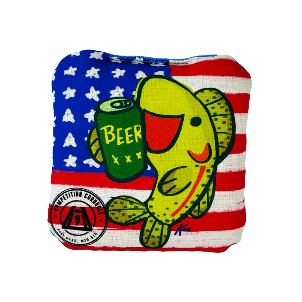Fish with a beer can on an American flag background