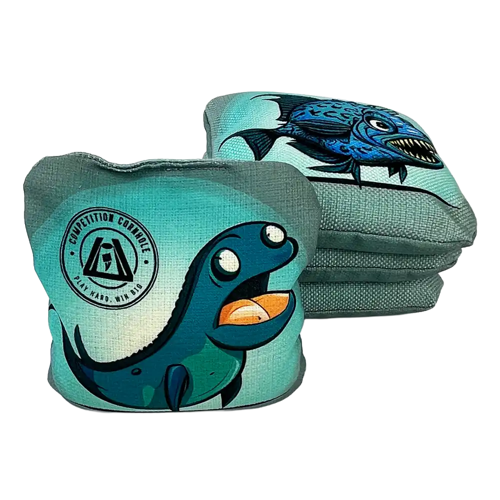 Two green and blue fish-shaped bean bags with a visible brand logo on a white background.