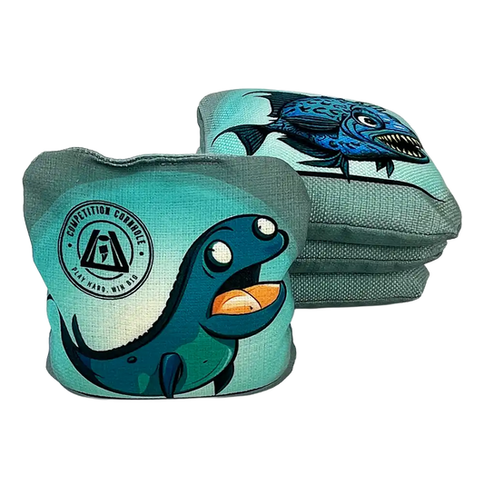 Two green and blue fish-shaped bean bags with a visible brand logo on a white background.