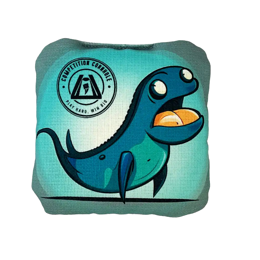 Blue dinosaur-shaped Cornhole bag with a logo on a white background