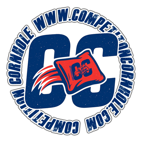 Cornhole logo with red bag and blue text on a white background