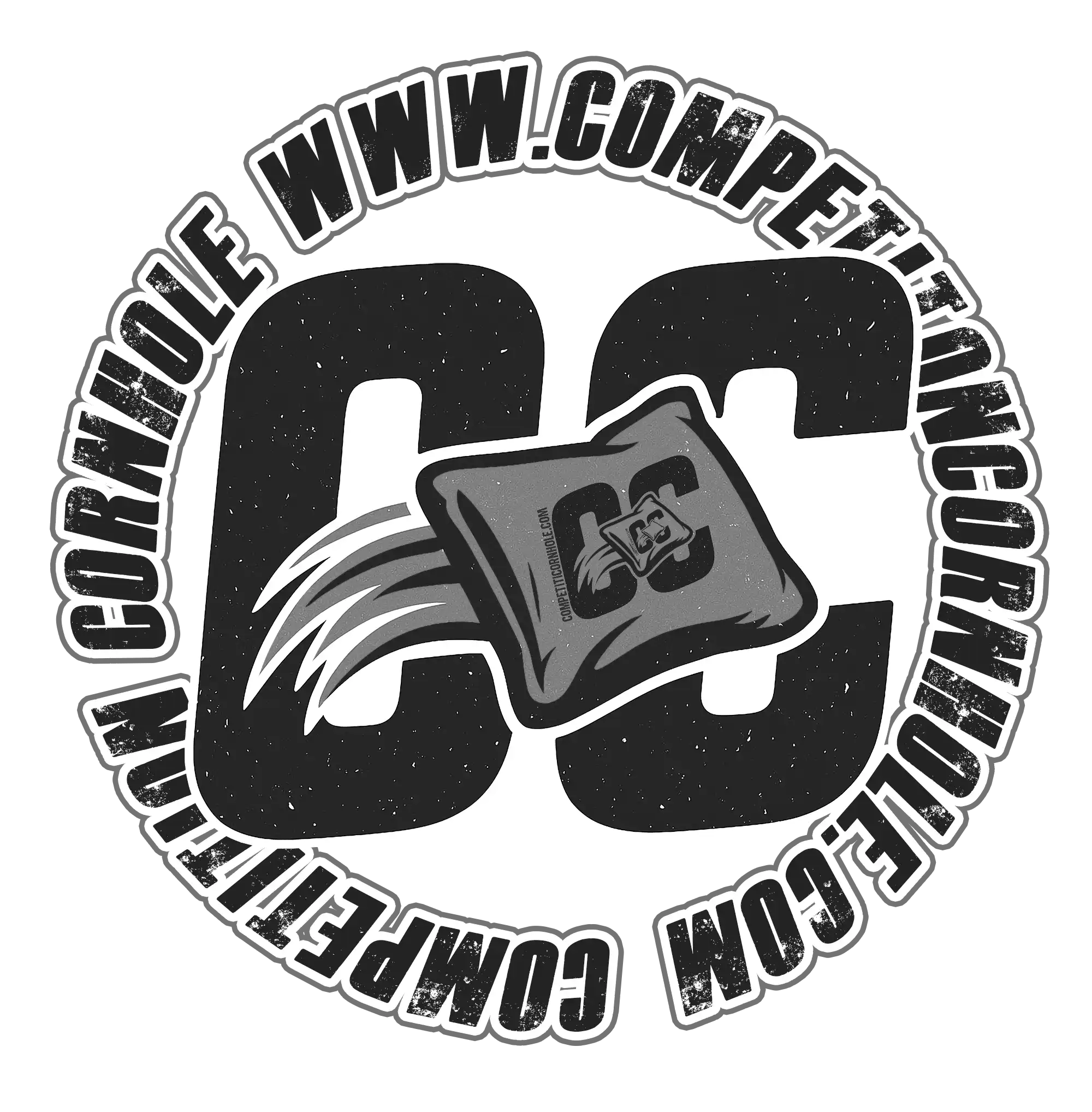 Circular logo with 'CC' and cornhole bag design, featuring text around it.