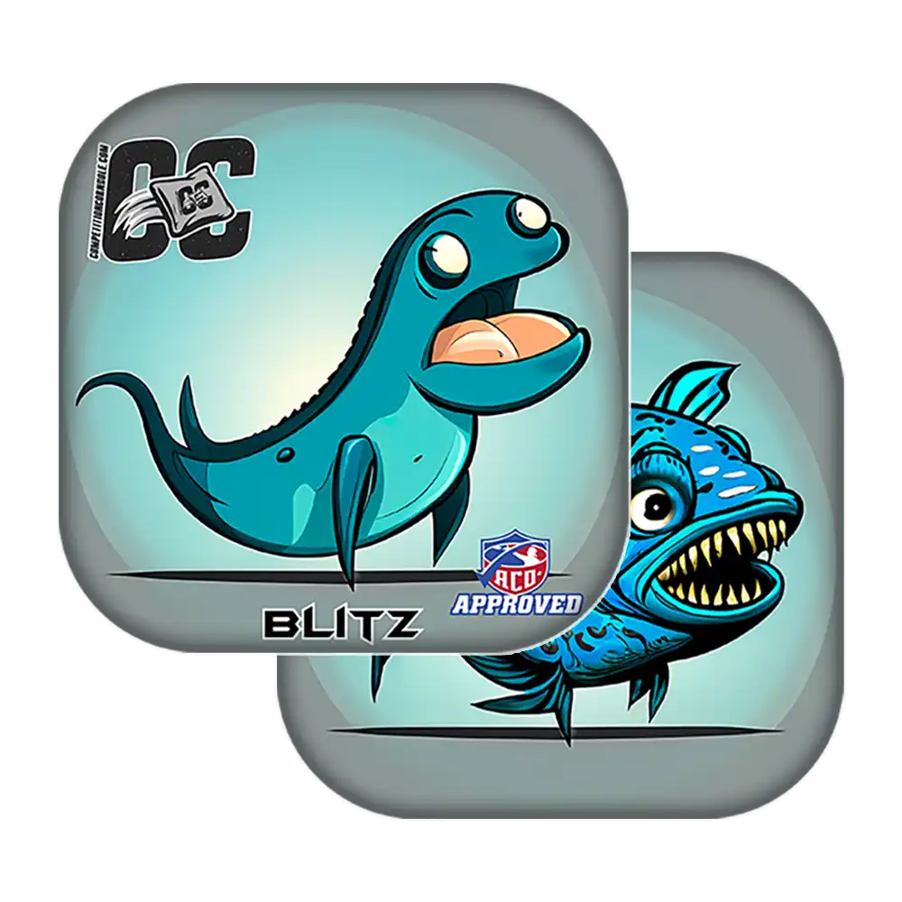 Two blue fish-shaped Cornhole bags with cartoon designs on a white background