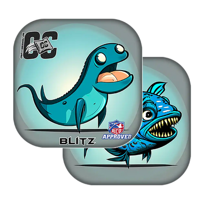 Two blue fish-shaped Cornhole bags with cartoon designs on a white background