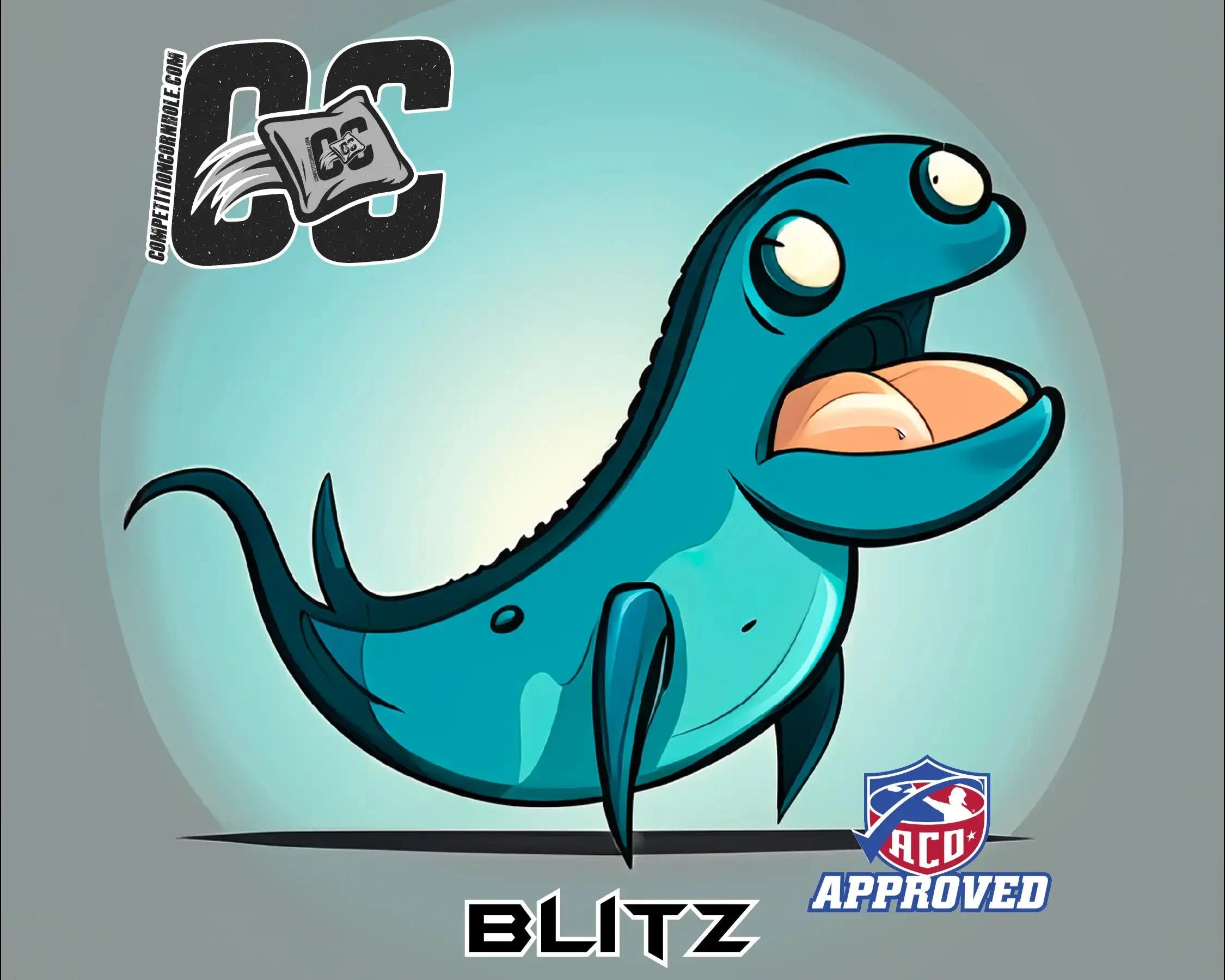 Cartoon dinosaur character named 'Blitz' with a blue background and logos.